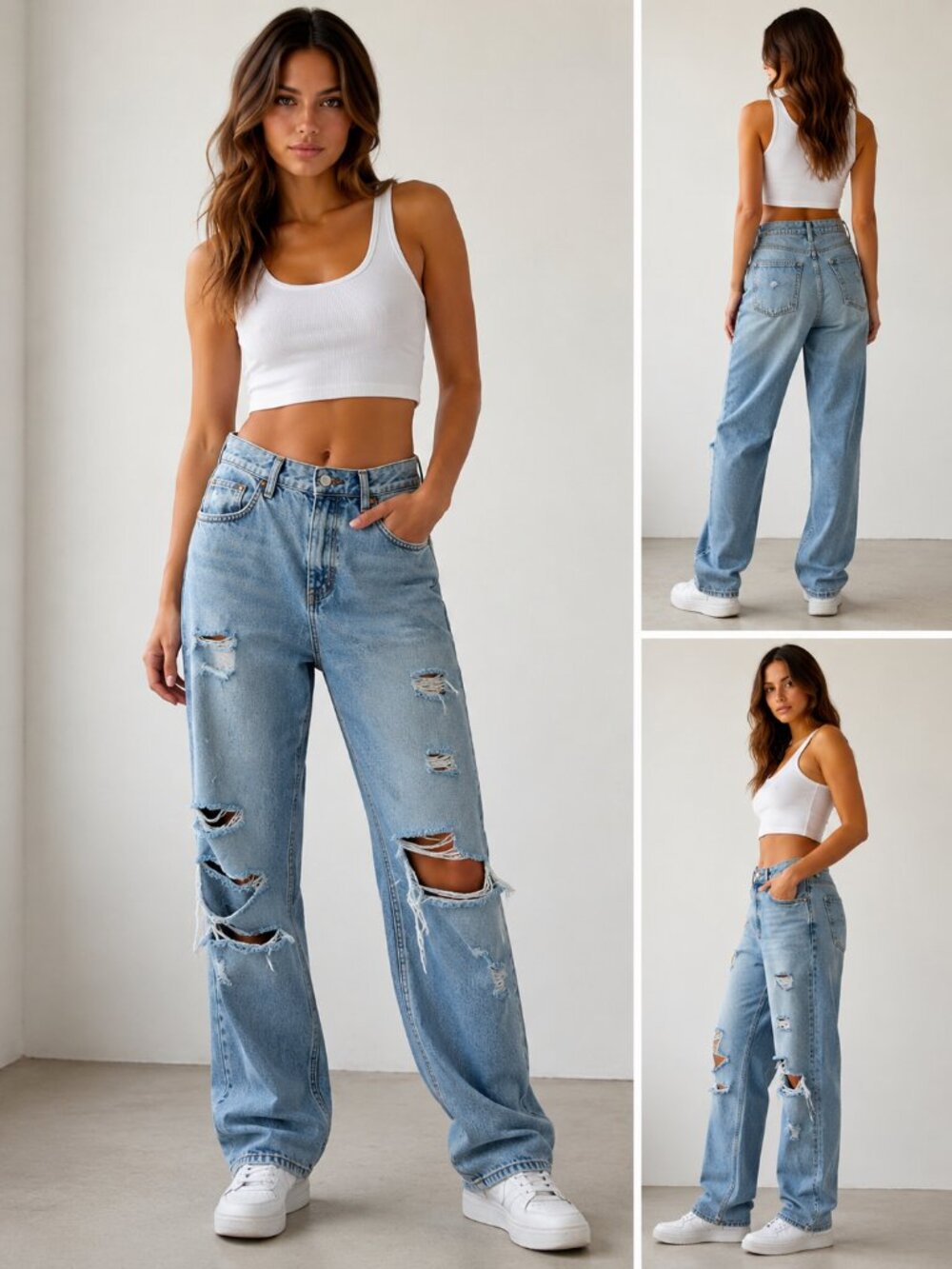 Distressed Boyfriend Jeans Medium Wash Ripped Denim US 10
